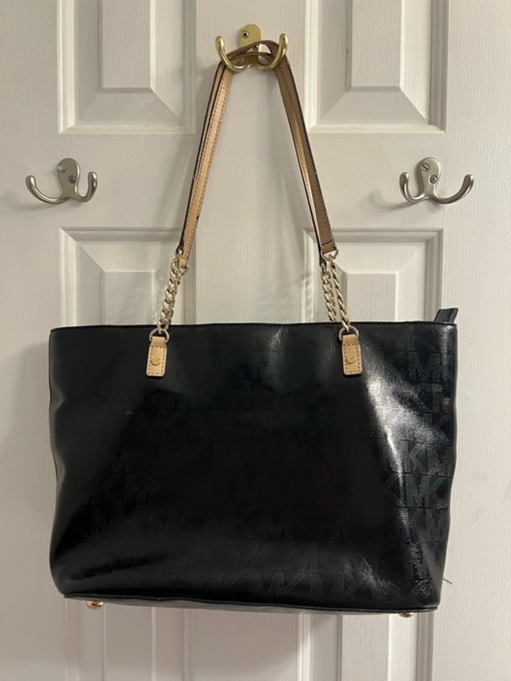 Michael Kors ML Black Patent Leather Tote with Gold Hardware
